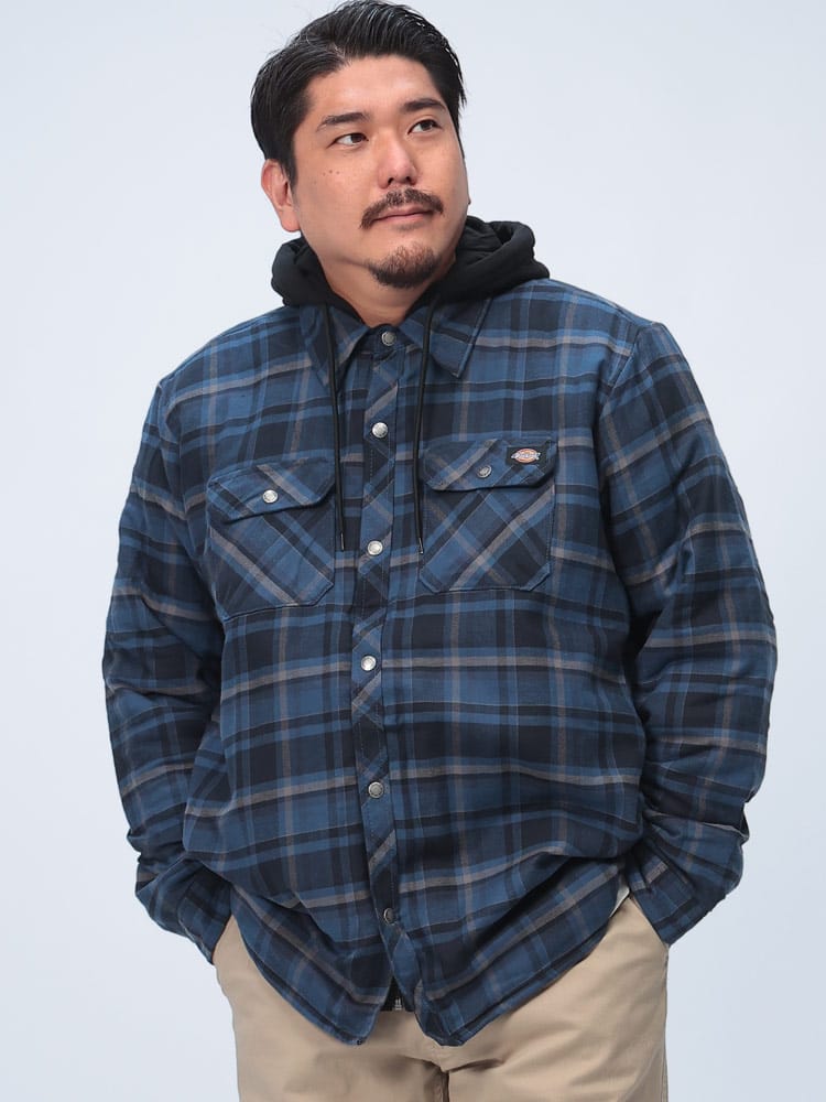 ブルゾン 中綿ジャケット 撥水 チェック柄 フード付き レイヤード風 アウター シャツジャケット 羽織 大きいサイズ メンズ