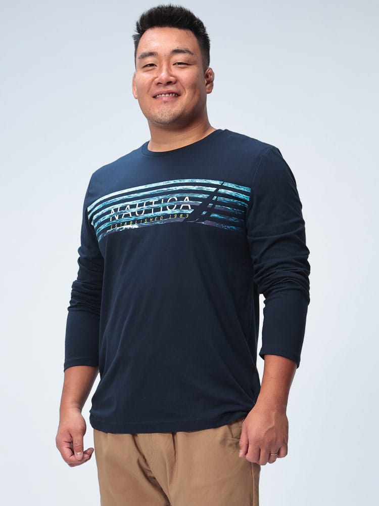 長袖 Tシャツ ラインロゴ クルーネック  GRAPHIC TEE DP トップス ロンT プリント 大きいサイズ メンズ