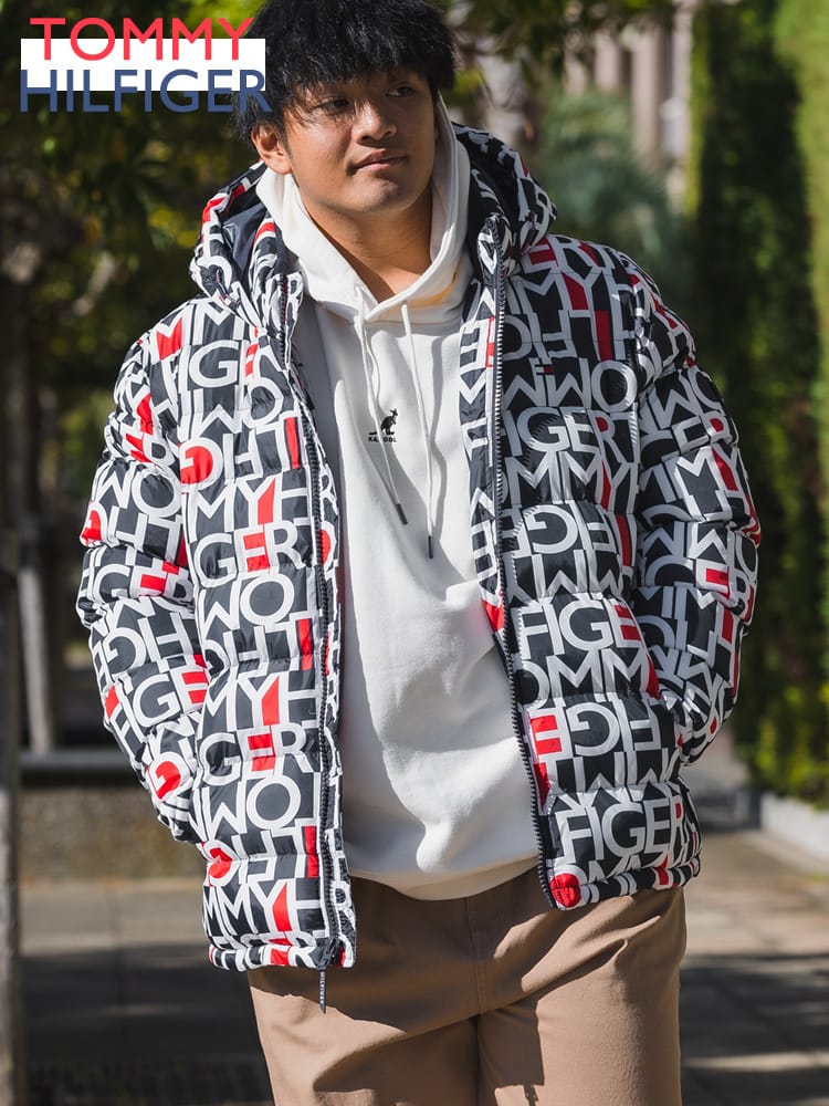 中綿 ジャケット 総柄プリント フルジップ PUFFER HOODED JACKET アウター ブルゾン フード 防寒 秋冬 大きいサイズ メンズ
