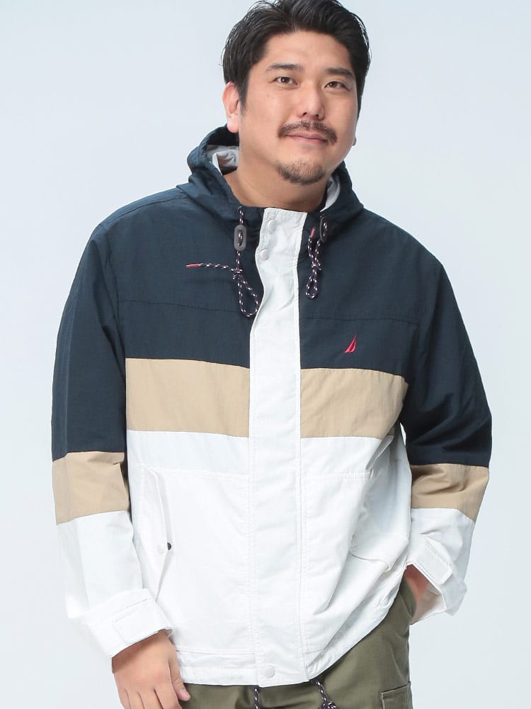 ナイロンジャケット 切替配色 ロゴ刺繍 フード付き アウター ブルゾン 羽織 ライトアウター 大きいサイズ メンズ