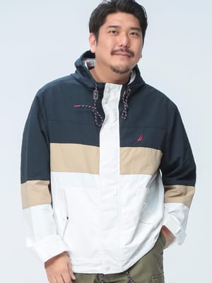 ナイロンジャケット 切替配色 ロゴ刺繍 フード付き アウター ブルゾン 羽織 ライトアウター 大きいサイズ メンズ