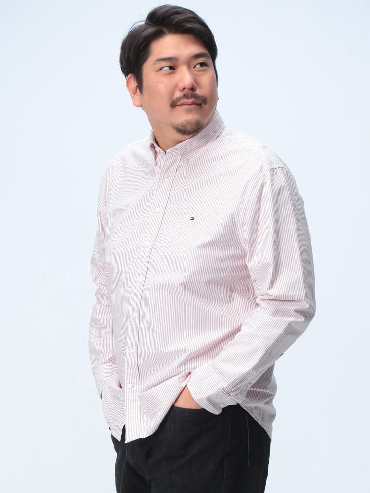 長袖 シャツ コットン フラッグロゴ ストライプ柄 トップス カジュアルシャツ ボタンダウン 大きいサイズ メンズ