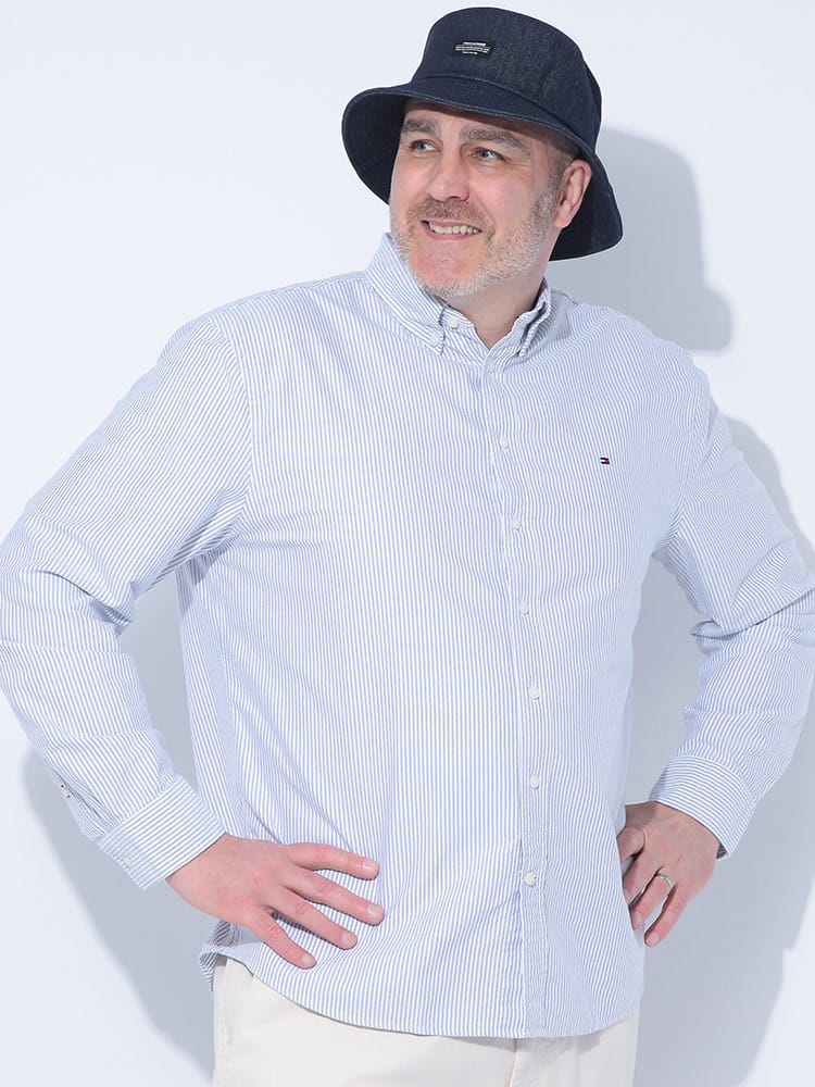 長袖 シャツ コットン フラッグロゴ ストライプ柄 トップス カジュアルシャツ ボタンダウン 大きいサイズ メンズ