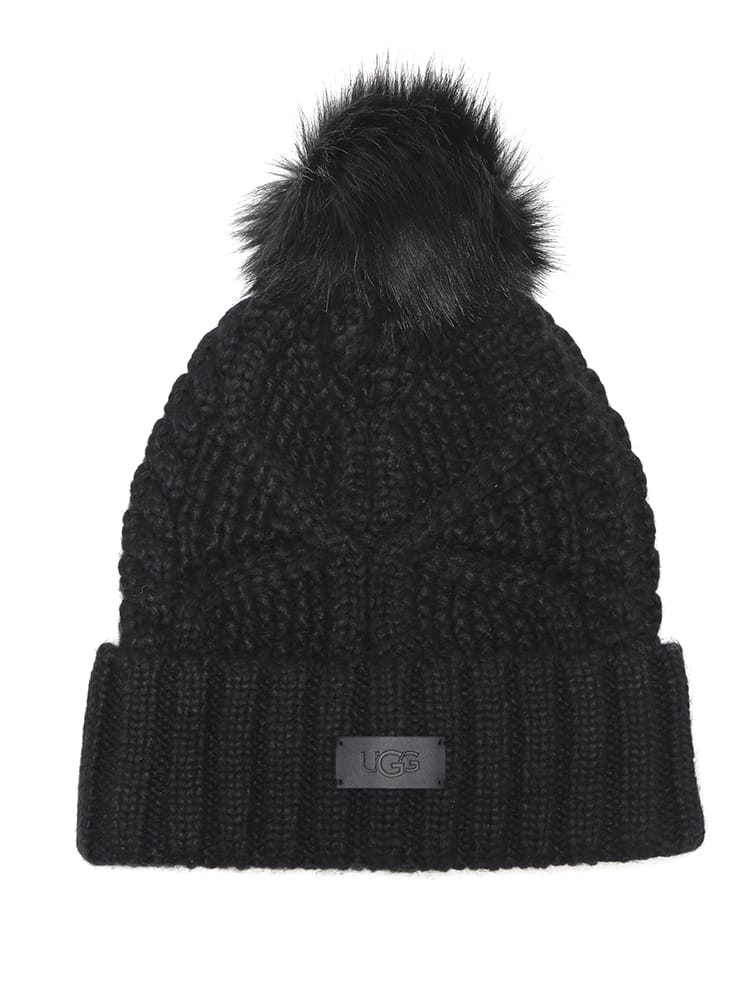 UGG (アグ) ポンポン ロゴラベル チャンキーニット帽 Cable Beanie 