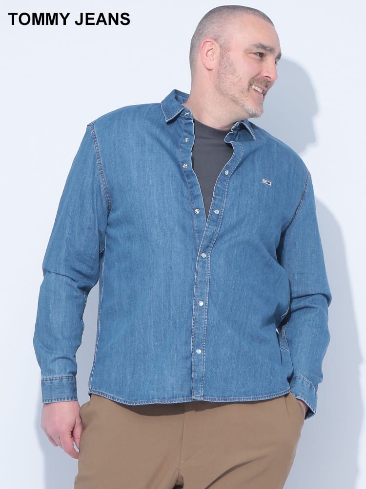 TOMMY JEANS (トミージーンズ) フラッグ刺繍 レギュラーフィットウォッシュドデニム オーバーシャツ 大きいサイズ メンズ