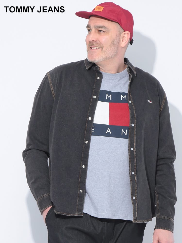 TOMMY JEANS (トミージーンズ) フラッグ刺繍 レギュラーフィットウォッシュドデニム オーバーシャツ 大きいサイズ メンズ