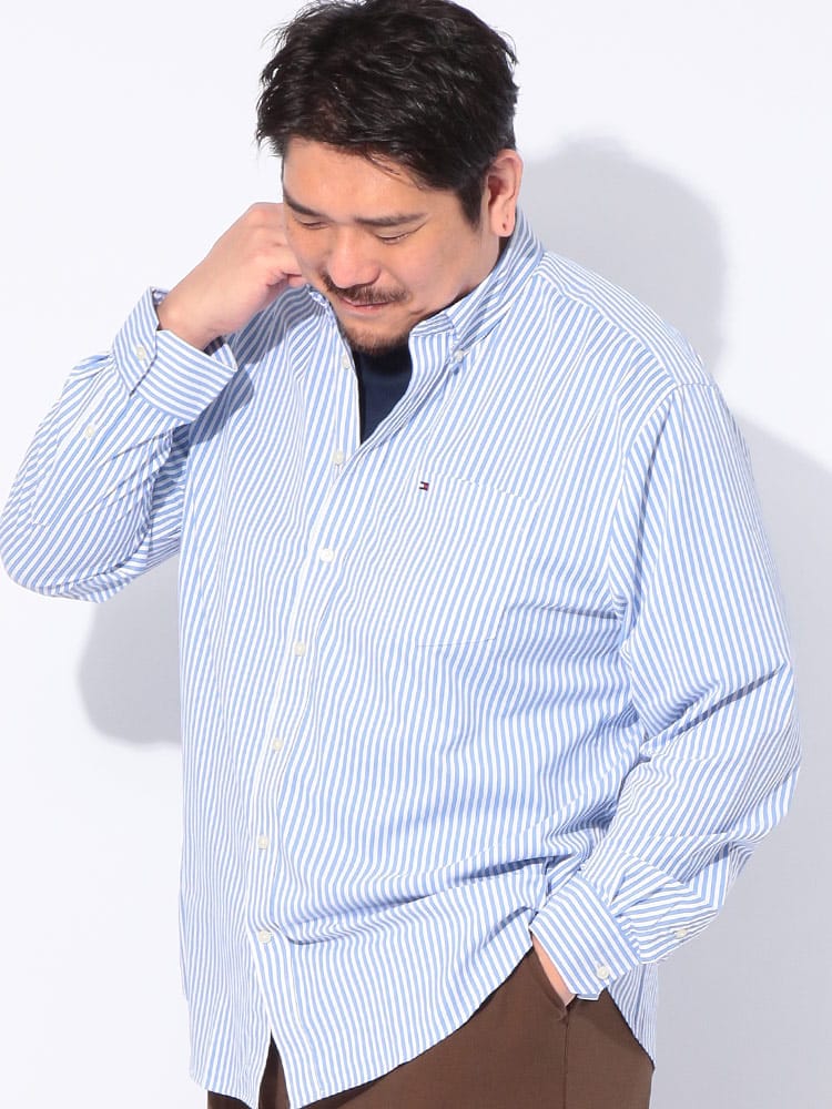 シャツ 長袖 大きいサイズ メンズ ストレッチ ストライプ ボタンダウン トップス カジュアル 総柄