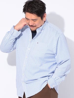 シャツ 長袖 大きいサイズ メンズ ストレッチ ストライプ ボタンダウン トップス カジュアル 総柄