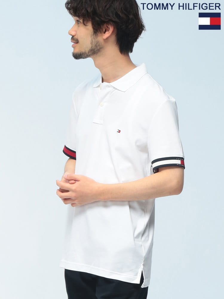 TOMMY HILFIGER (トミーヒルフィガー) ポロシャツ 半袖 袖ライン ロゴ刺繍 MW0MW42743 シャツ RWB CUFF LIQUID COTTON SLIM POLO ユニセックス