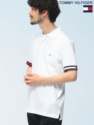 TOMMY HILFIGER (トミーヒルフィガー) ポロシャツ 半袖 袖ライン ロゴ刺繍 MW0MW42743 シャツ RWB CUFF LIQUID COTTON SLIM POLO ユニセックス
