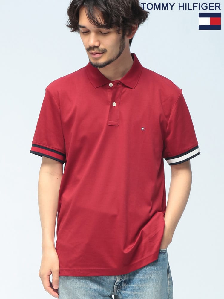 TOMMY HILFIGER (トミーヒルフィガー) ポロシャツ 半袖 袖ライン ロゴ刺繍 MW0MW42743 シャツ RWB CUFF LIQUID COTTON SLIM POLO ユニセックス
