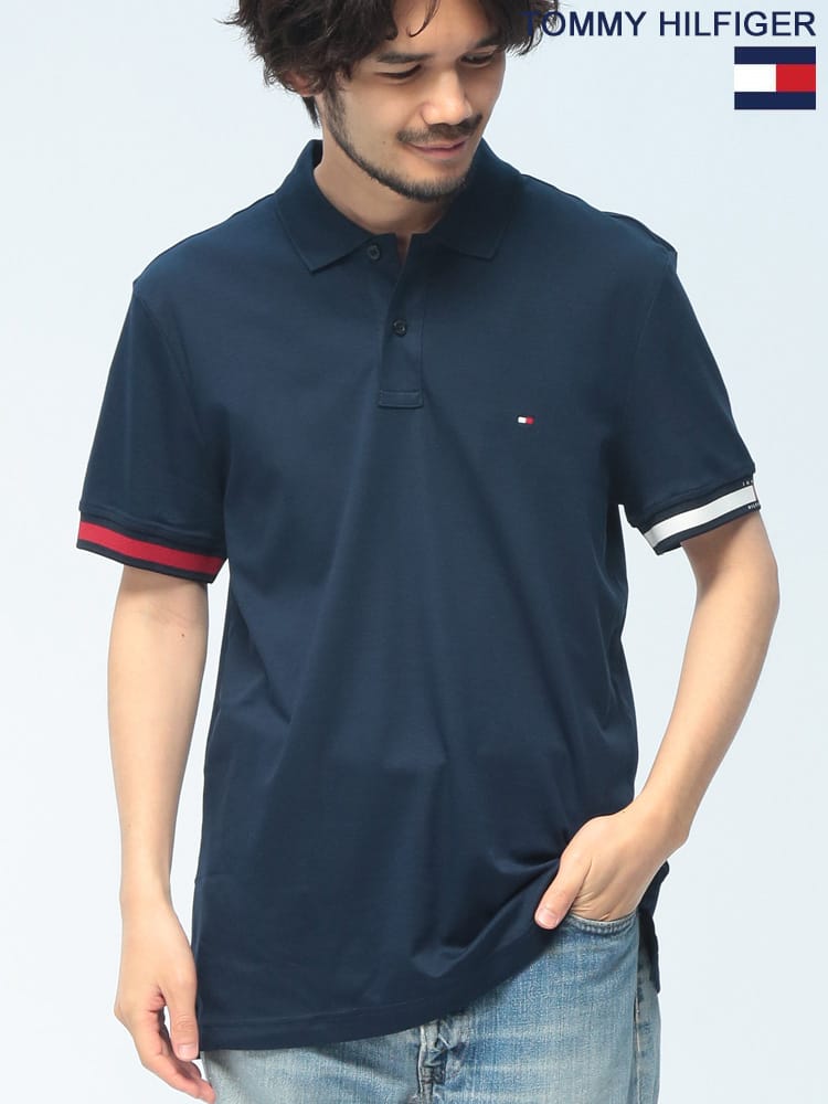 TOMMY HILFIGER (トミーヒルフィガー) ポロシャツ 半袖 袖ライン ロゴ刺繍 MW0MW42743 シャツ RWB CUFF LIQUID COTTON SLIM POLO ユニセックス