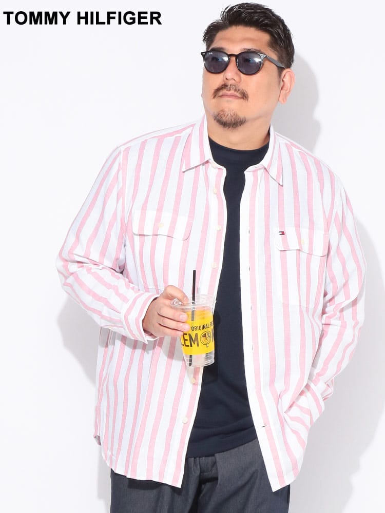 シャツ 長袖 メンズ 大きいサイズ リネンツイル ダブルポケット ストライプシャツ トップス コットン 羽織 麻 ポケット 柄シャツ カジュアル  春 夏 秋