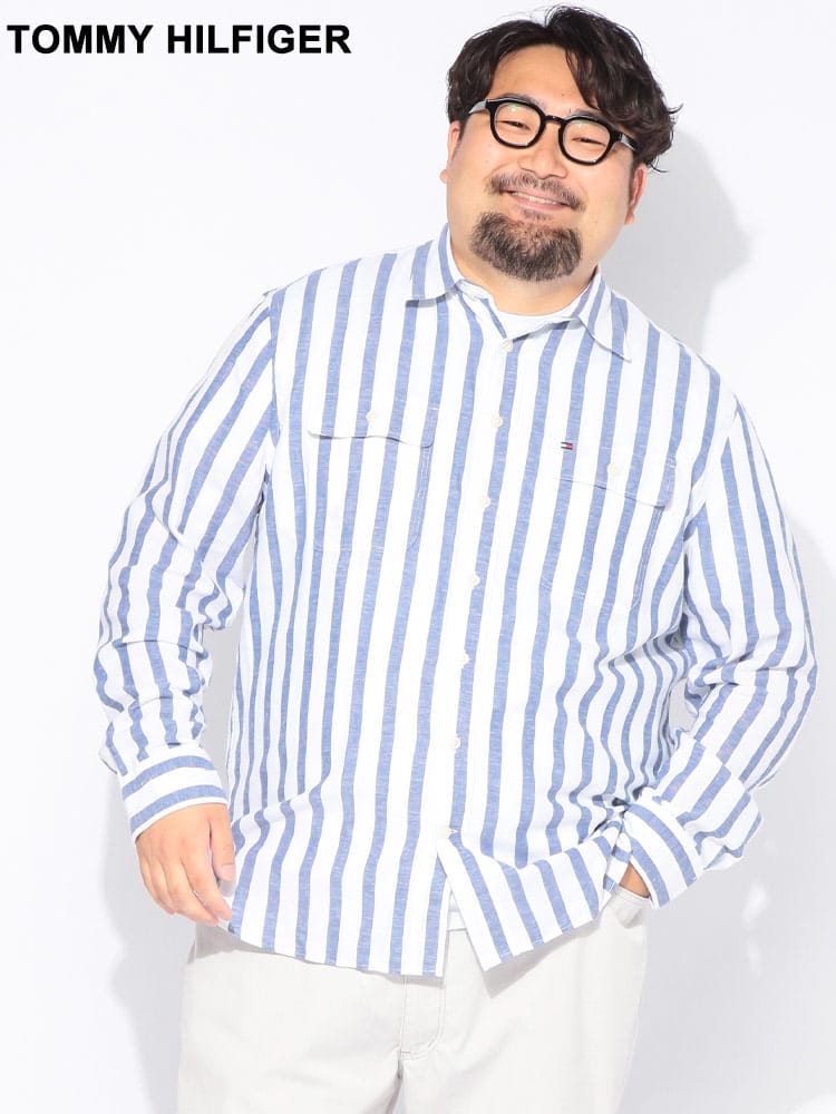 シャツ 長袖 メンズ 大きいサイズ リネンツイル ダブルポケット ストライプシャツ トップス コットン 羽織 麻 ポケット 柄シャツ カジュアル  春 夏 秋