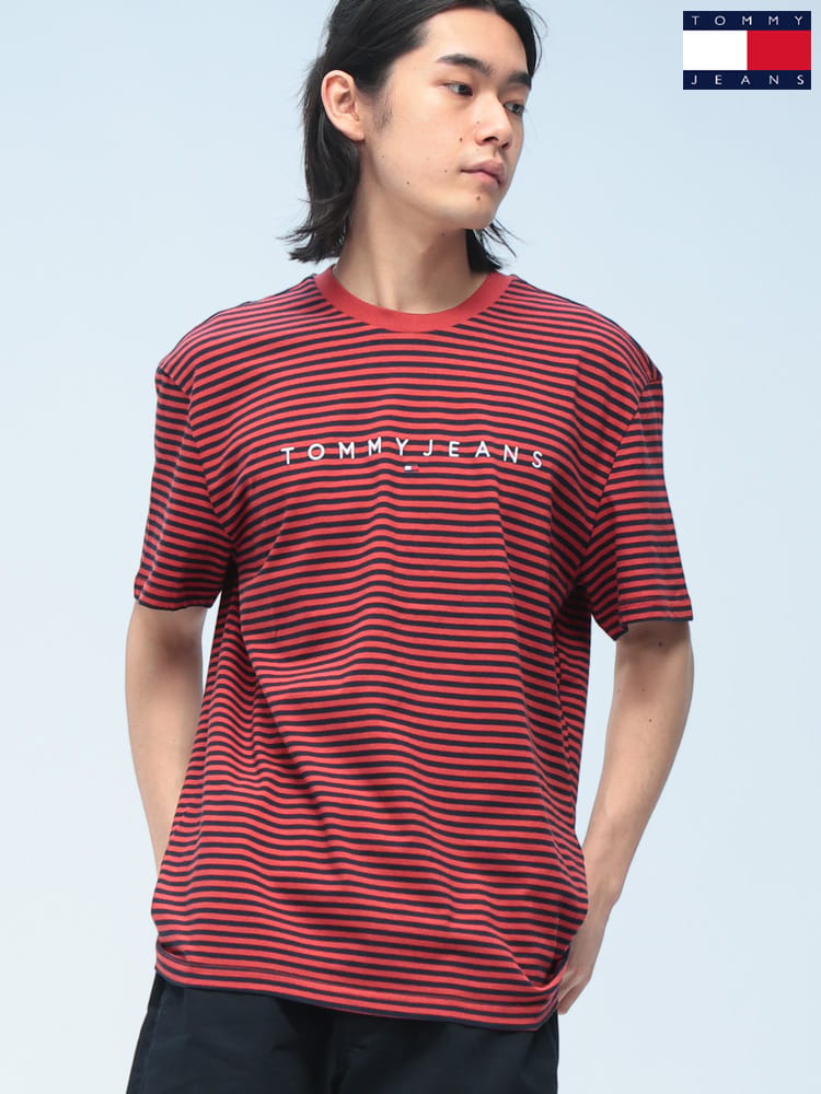 TOMMY JEANS (トミージーンズ) Tシャツ 半袖 ボーダー ロゴ刺繍 クルーネック カットソー ユニセックス DM0DM22324