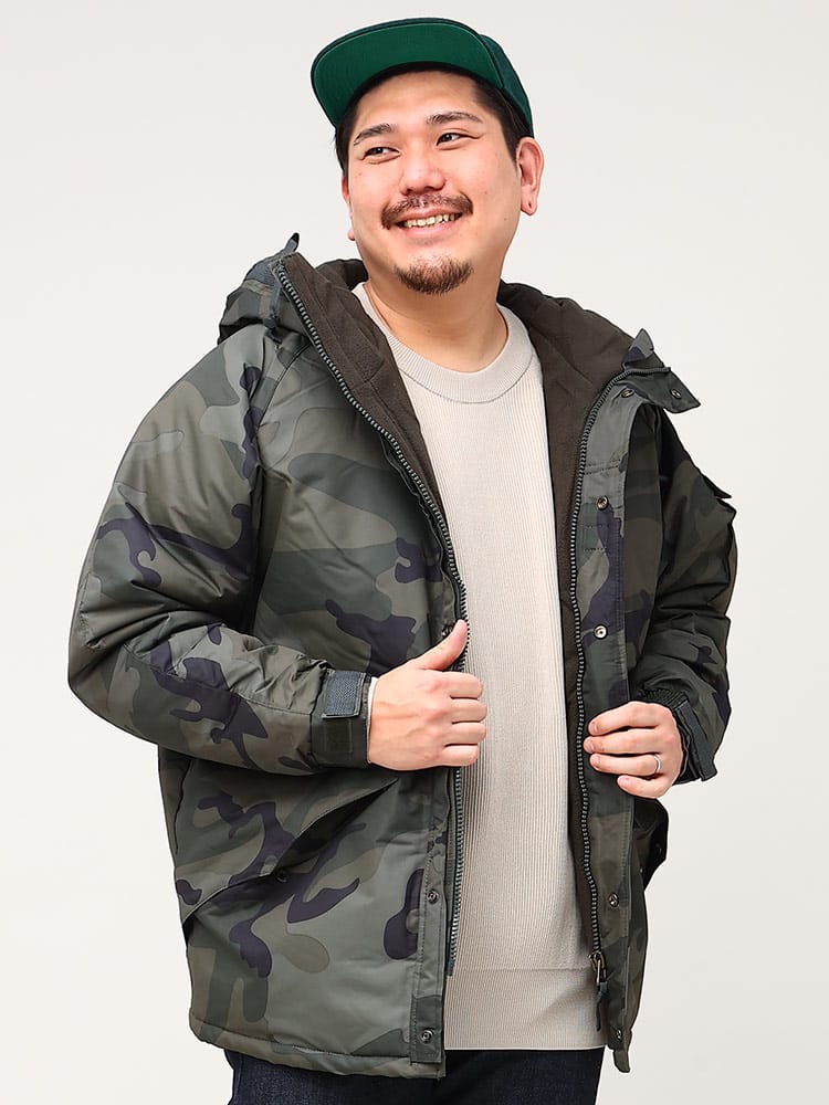 大きいサイズ メンズ South Play (サウスプレイ) 迷彩柄 裏フリース フルジップ 中綿 ジャケット