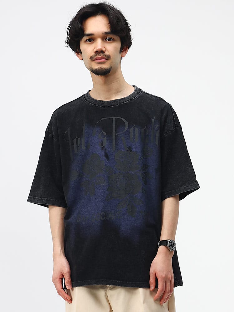Let's Rock (レッツロック) バラプリント クルーネック 半袖 Tシャツ