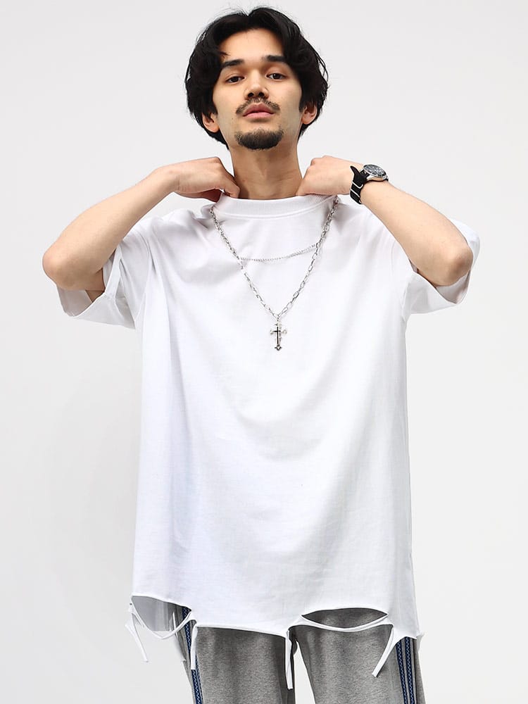 Let's Rock (レッツロック) アクセサリー付き ダメージ クルーネック 半袖 Tシャツ