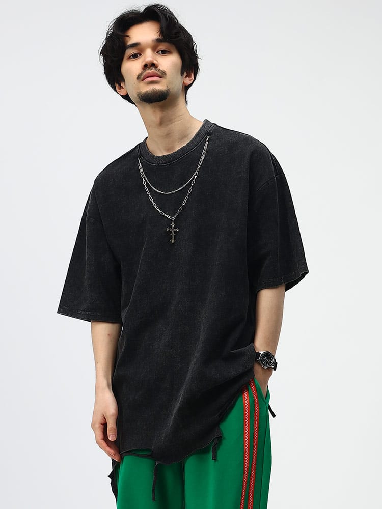 Let's Rock (レッツロック) アクセサリー付き ダメージ クルーネック 半袖 Tシャツ