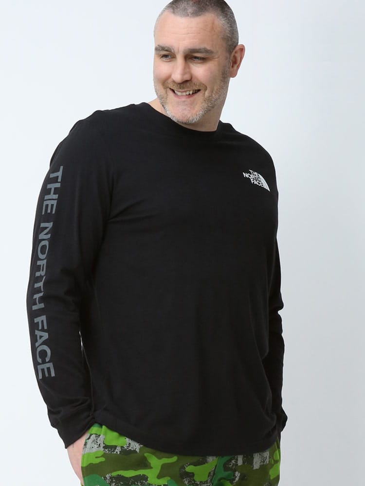 大きいサイズ メンズ THE NORTH FACE (ザ ノースフェイス) 綿100％ アームプリント クルーネック 長袖 Tシャツ ロンT