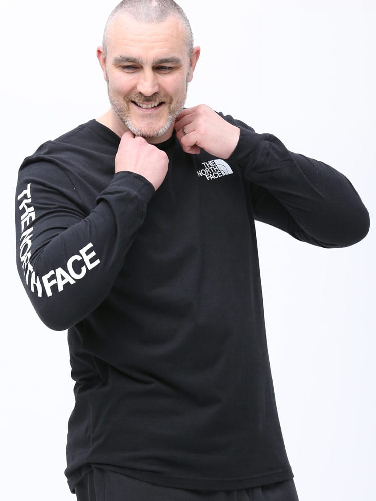 大きいサイズ メンズ THE NORTH FACE (ザ ノースフェイス) 綿100％ アームプリント クルーネック 長袖 Tシャツ ロンT