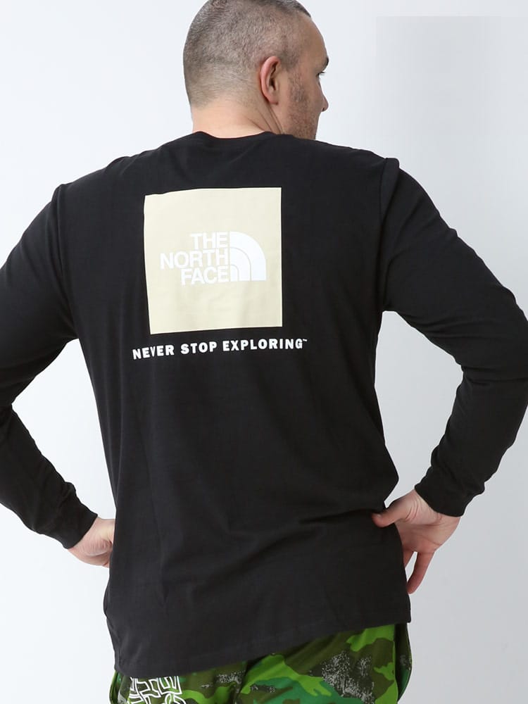 大きいサイズ メンズ THE NORTH FACE (ザ ノースフェイス) 綿100％ BOXプリント クルーネック 長袖 Tシャツ ロンT
