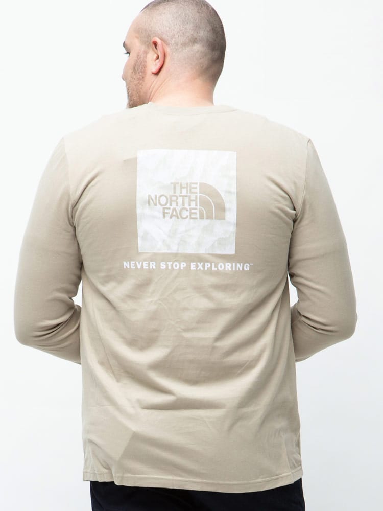大きいサイズ メンズ THE NORTH FACE (ザ ノースフェイス) 綿100％ BOXプリント クルーネック 長袖 Tシャツ ロンT