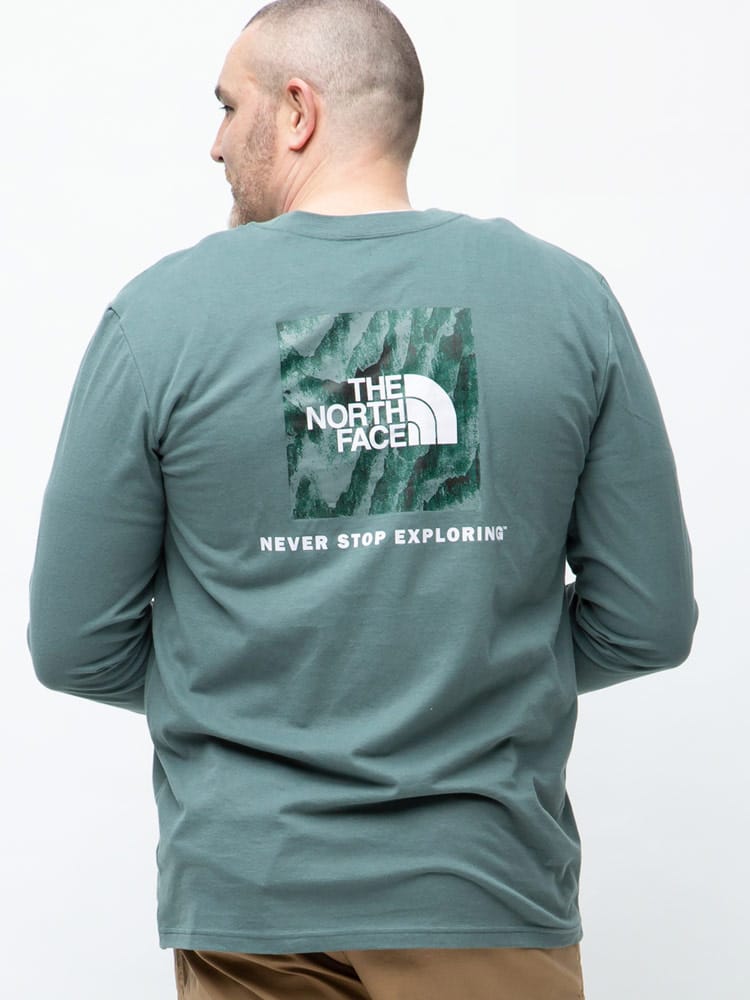 大きいサイズ メンズ THE NORTH FACE (ザ ノースフェイス) 綿100％ BOXプリント クルーネック 長袖 Tシャツ ロンT
