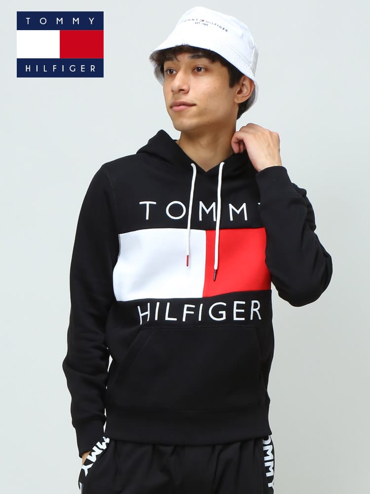 TOMMY HILFIGER (トミーヒルフィガー) 裏起毛 切り替え ロゴ刺繍 プルオーバー 長袖 パーカー