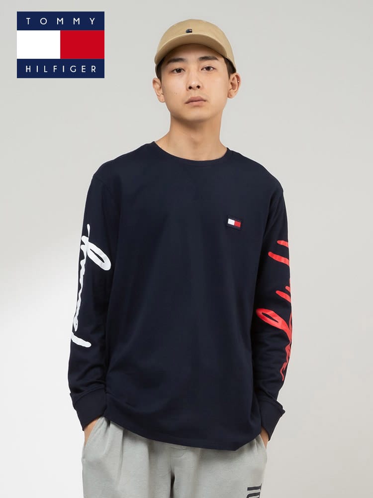 TOMMY HILFIGER (トミーヒルフィガー) 綿100％ アームプリント クルーネック 長袖 Tシャツ
