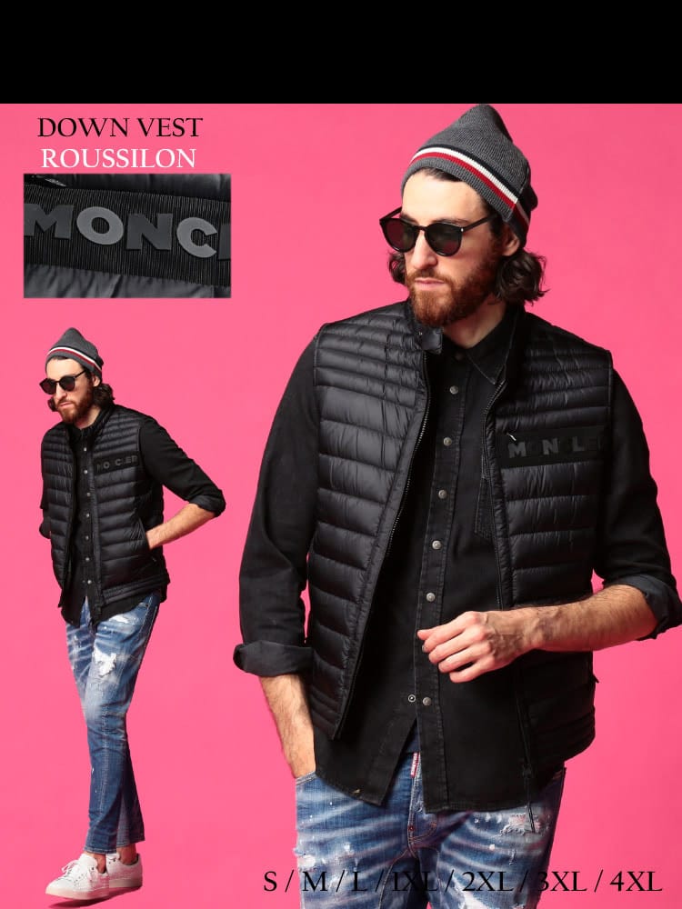 モンクレール メンズ ダウンベスト MONCLER 胸ロゴ ブランド ブランドロゴ スタンド フルジップ ライトダウン アウター ライトアウター 黒 大きいサイズ  ROUSSILON MCROUSSILON1