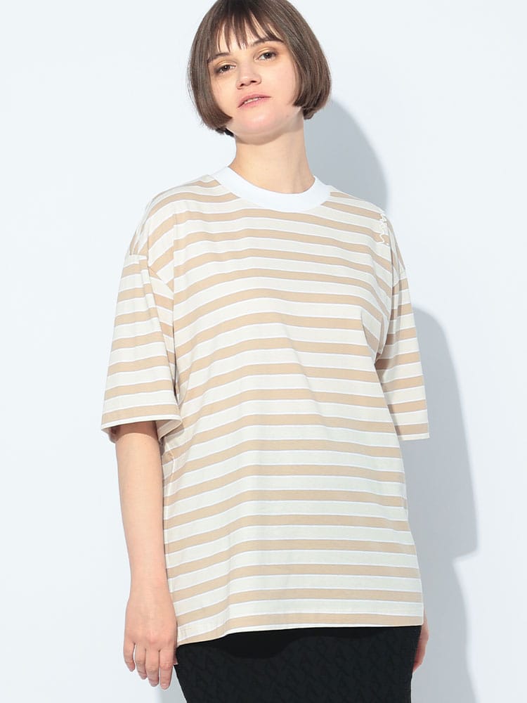 MARNI (マルニ) 肩ブランド刺繍 ボーダー柄 クルーネック 半袖 Tシャツ MALTHJET49S01 レディース