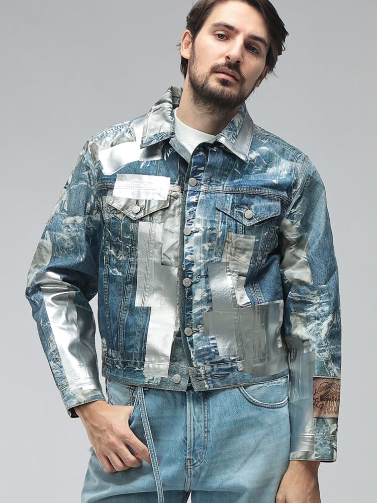 Acne Studios (アクネストゥディオズ) メンズ ジャケット トロンプルイユ メタリック クロップド丈 デニム ジャケット ACB90886