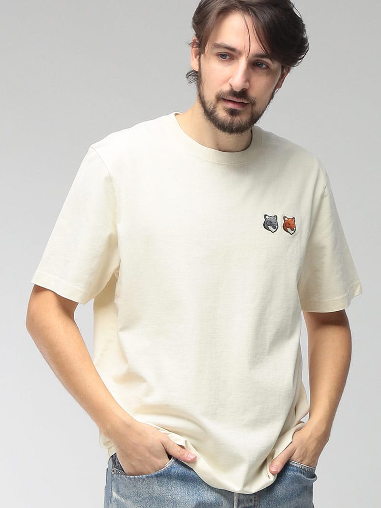 Maison Kitsune (メゾン キツネ) メンズ Tシャツ 半袖 キツネ 刺繍 クルーネック コットン カットソー DOUBLE FOX HEAD KNM011CFKJ7025