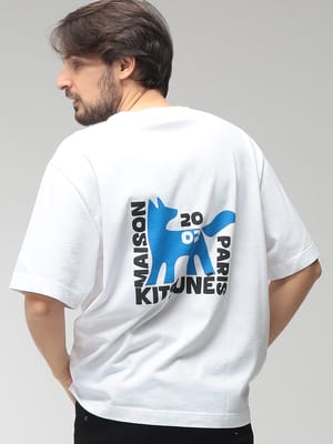 Maison Kitsune (メゾン キツネ) メンズ Tシャツ 半袖 ロゴ バックプリント クルーネック コットン カットソー GALLERY FOX OVERSIZE KNM00111KJ0119