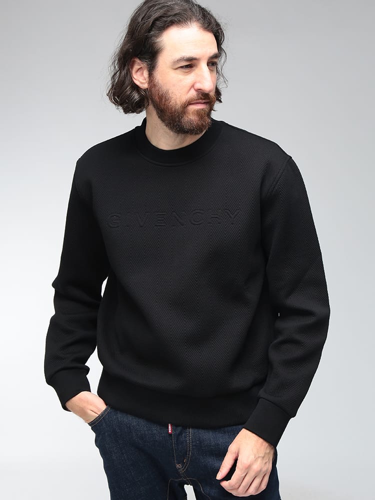 GIVENCHY (ジバンシィ) メンズ トレーナー キルテッドロゴ ヘリンボーン クルーネック スウェットシャツ GVBM90XS3YT9