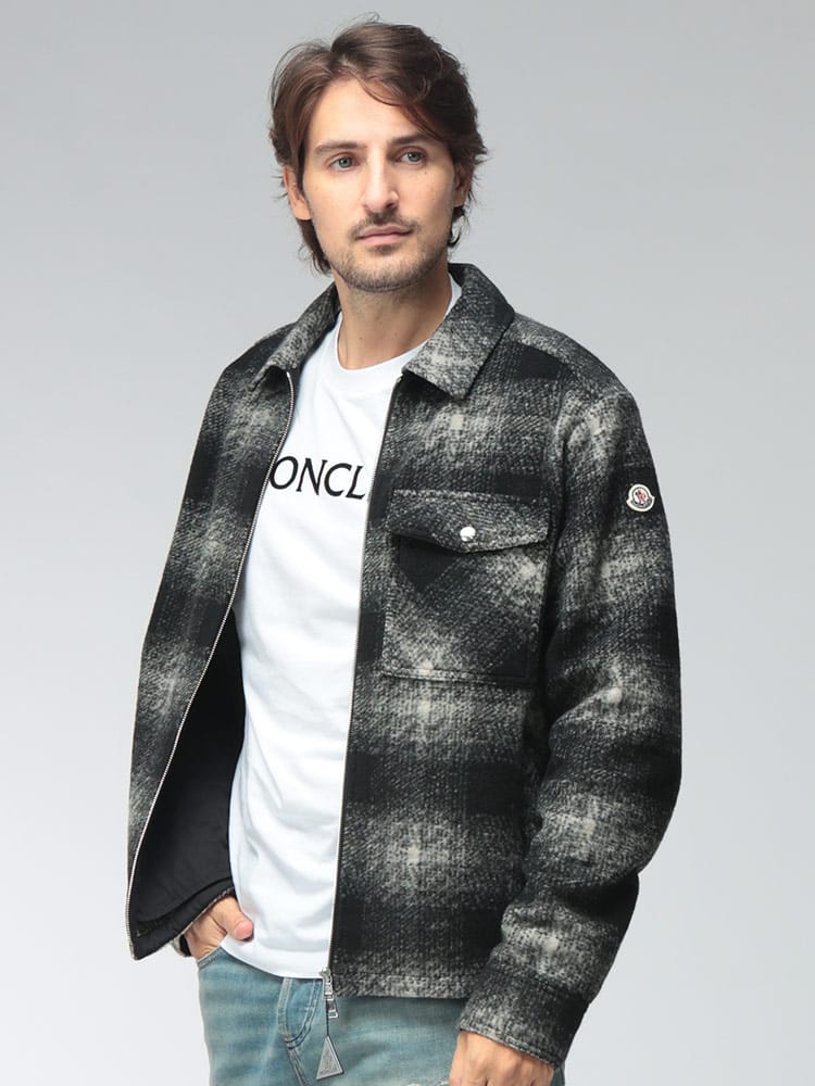 MONCLER (モンクレール) メンズ シャツジャケット ウールブレンド チェック フルジップ ストレッチ MC2F0003589BKB