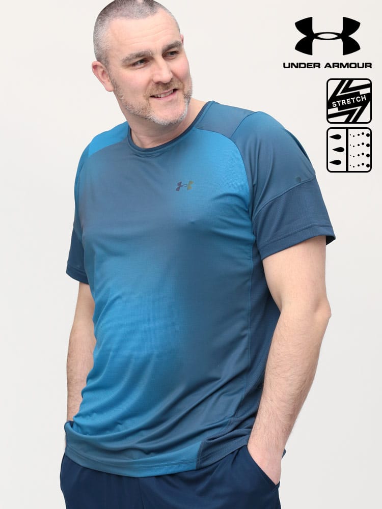 大きいサイズ メンズ UNDER ARMOUR (アンダーアーマー) USA規格 heatgear FITTED 胸ロゴ グラデ クルーネック 半袖 Tシャツ RUSH 2.0 PRINT SS TEE