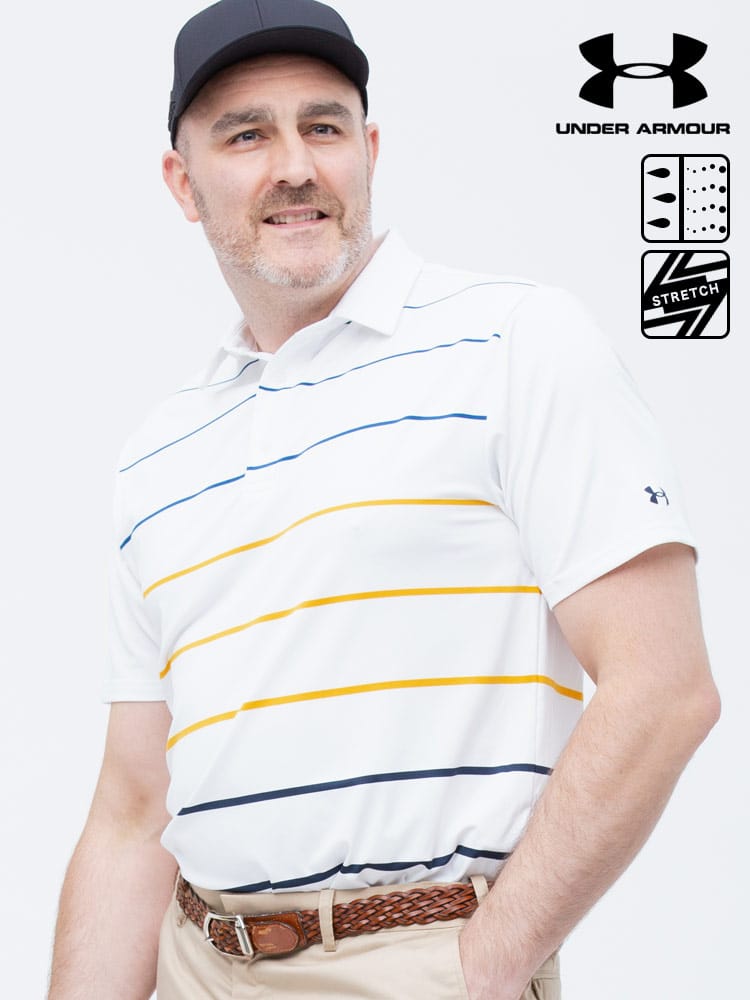 大きいサイズ メンズ UNDER ARMOUR (アンダーアーマー) USA規格 heatgear LOOSE UPF30 ボーダー 半袖 ゴルフ ポロシャツ PLAYOFF 2.0 FRONTNINE POLO