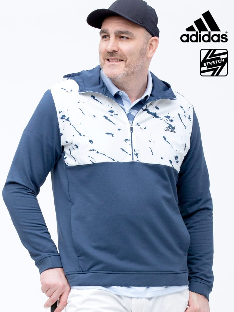 大きいサイズ メンズ adidas (アディダス) ハーフジップ 切り替え フード ゴルフ パーカー P BLUE COLD RDY 1/4 ZIP