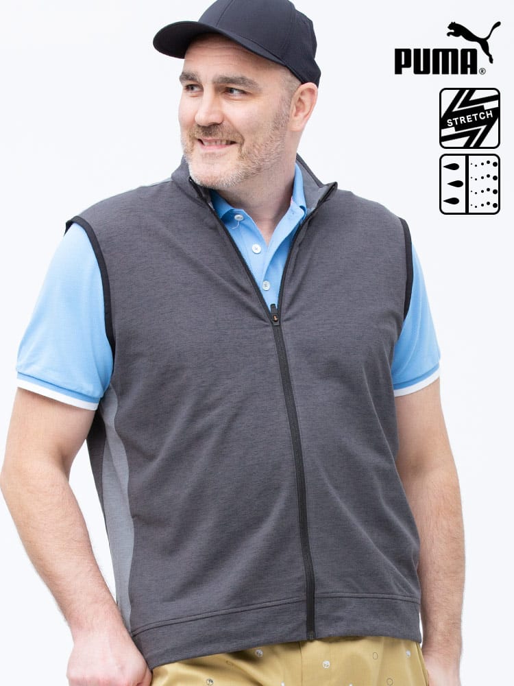 大きいサイズ メンズ PUMA (プーマ) 裏起毛 切り替え フルジップ スタンド ゴルフ ベスト CLOUD SPUN T7 VEST