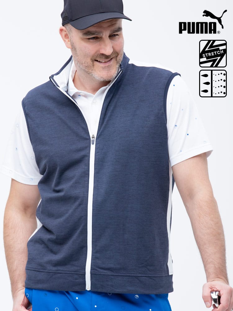大きいサイズ メンズ PUMA (プーマ) 裏起毛 切り替え フルジップ スタンド ゴルフ ベスト CLOUD SPUN T7 VEST