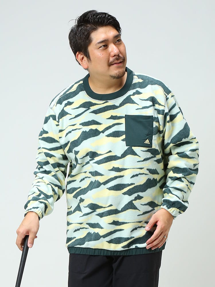 大きいサイズ メンズ adidas (アディダス) 迷彩柄 ポケット クルーネック ゴルフ フリース TEXTURE PRINT CN SHT