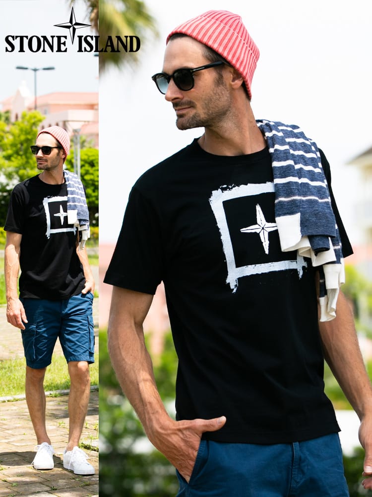 ストーンアイランド メンズ STONE ISLAND Tシャツ 半袖 ロゴ バックプリント クルーネック ブランド トップス 黒 白 SI74152NS81