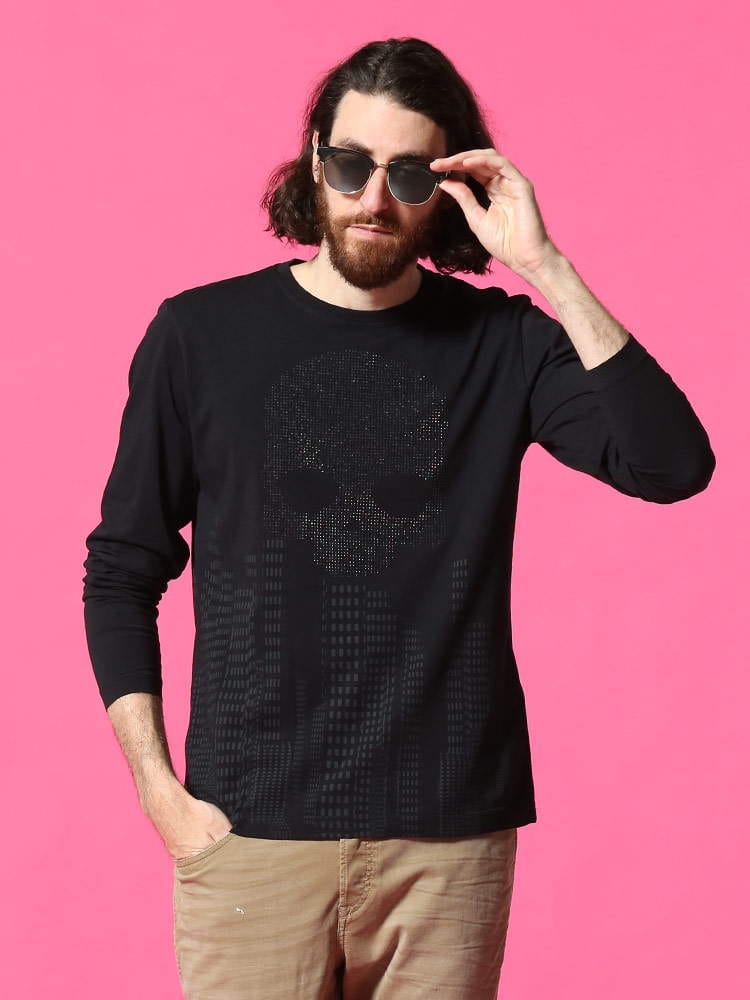 HYDROGEN (ハイドロゲン) スカルビーズ プリント クルーネック 長袖 Tシャツ DOWNTOWN HY284105