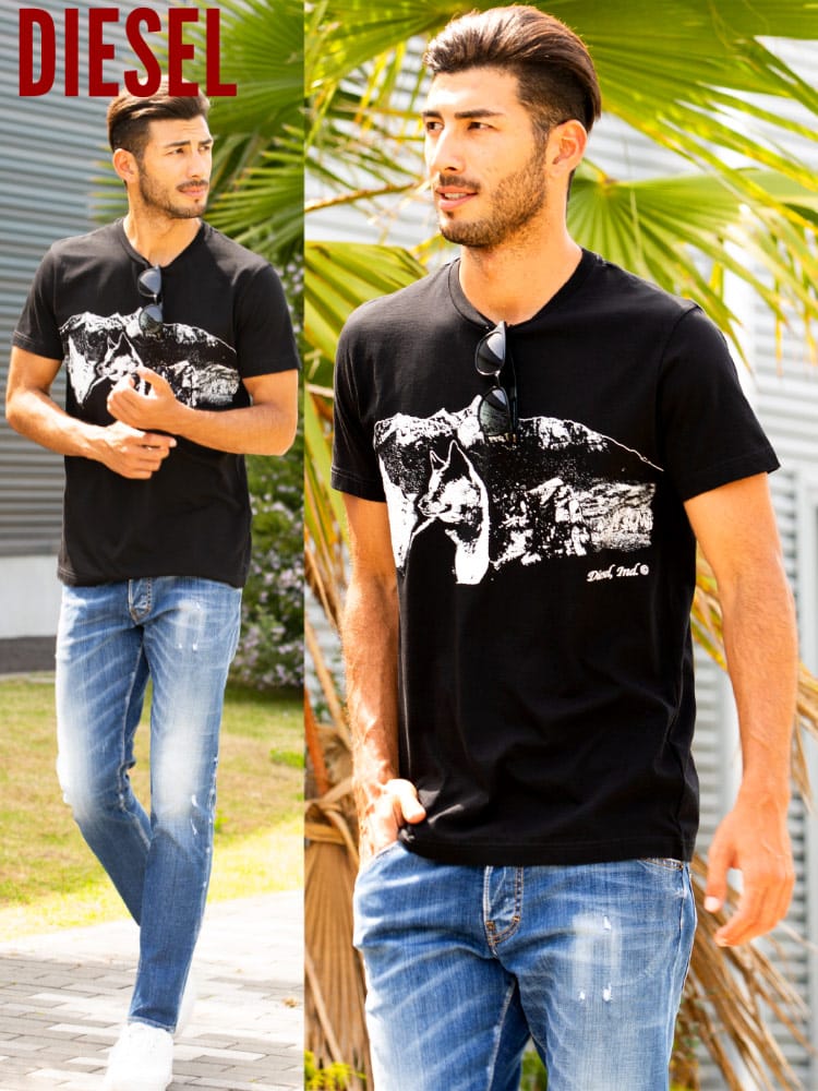 ディーゼル メンズ DIESEL Tシャツ 半袖 ウルフ ロゴ プリント ブランド トップス コットン オオカミ DSA01860BDAJ