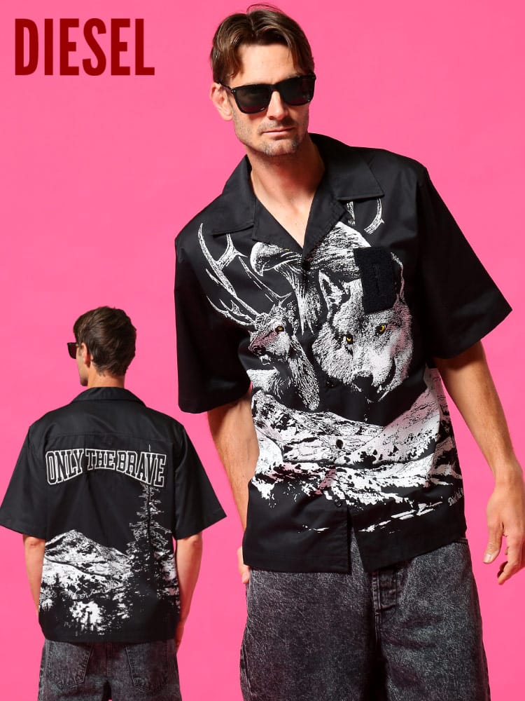 ディーゼル メンズ DIESEL シャツ 半袖 ワークシャツ 開襟 ウルフ トナカイ プリント バックロゴ ブランド トップス オープンカラー DSA01816CCAQ
