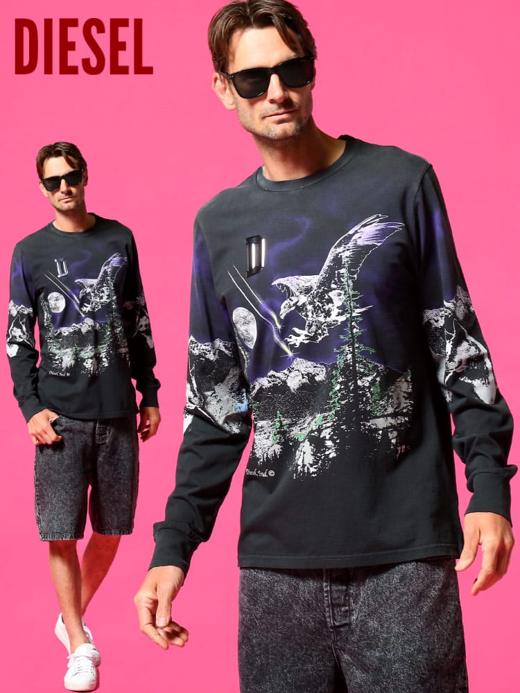 ディーゼル メンズ DIESEL Tシャツ 長袖 ロンT ユーズド加工 ホーク ウルフ プリント ブランド トップス DSA01861QBAN