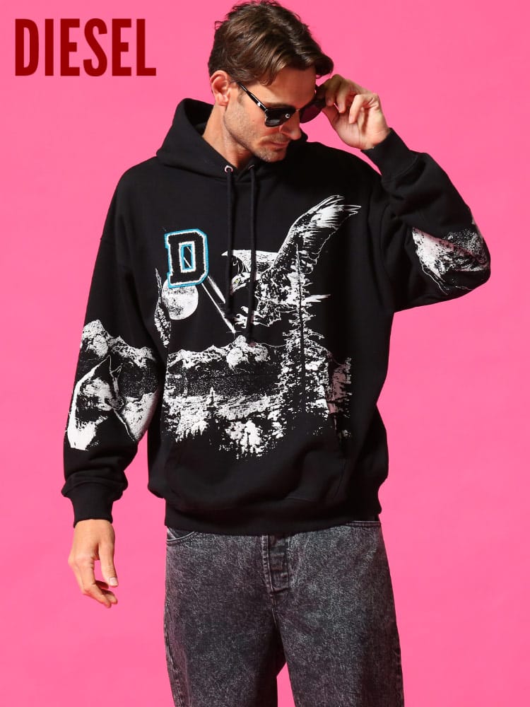 ディーゼル メンズ DIESEL パーカー スウェット ウルフ バックプリント ホーク ブランド トップス スエット プルオーバー DSA01862CBAN