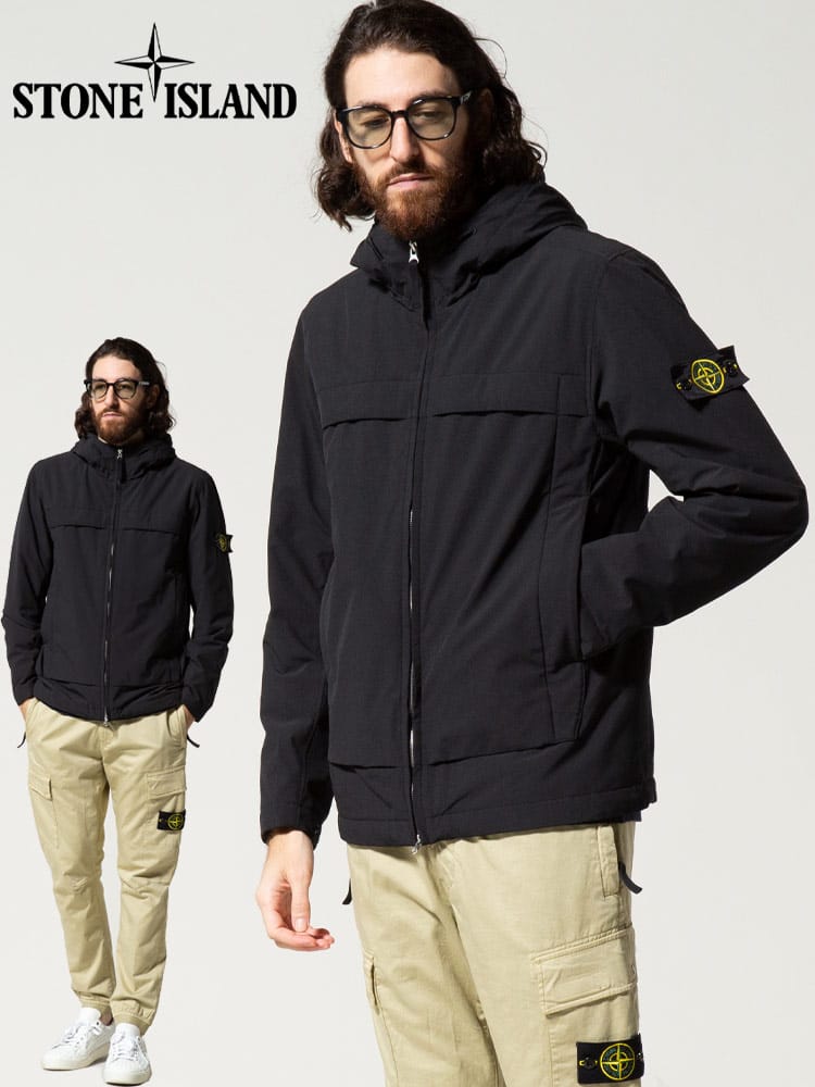 STONE ISLAND (ストーンアイランド) 袖ロゴ フード フルジップ ソフトシェル 中綿 ジャケット PRIMALOFT SIMO751541427
